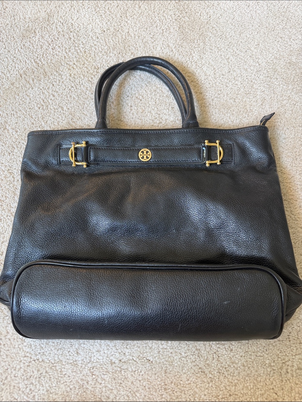 Tory Burch Black Pebbled Leather Satchel with Gold Hardware